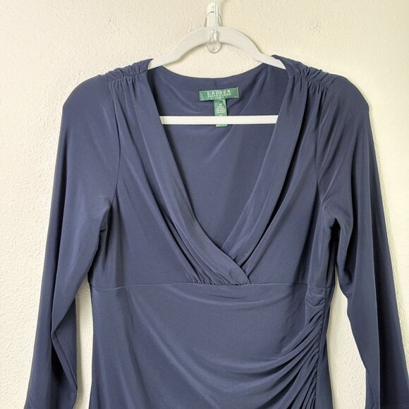 Lauren Ralph Lauren Faux Wrap Ruched Dress Size 10 Navy 3/4 Sleeve Bodycon NWT - Picture 2 of 12